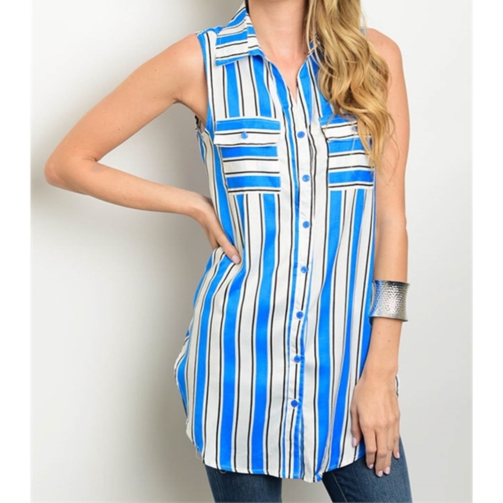 Blue and White Stripe Sleeveless Button Top
